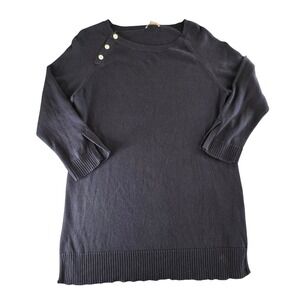 Lilla P Navy Blue Knit Button Shoulder Tunic Sweater Medium Coastal Nautical